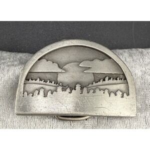 Vintage Nature Belt Buckle Rising Sun Set Forest Clouds Indiana Metal Craft 1977